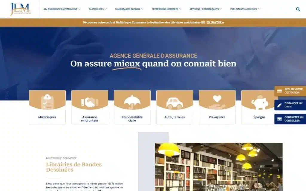 Page d'accueil du site JLM Assurances · Refonte du site internet, réalisé par Mooverflow
