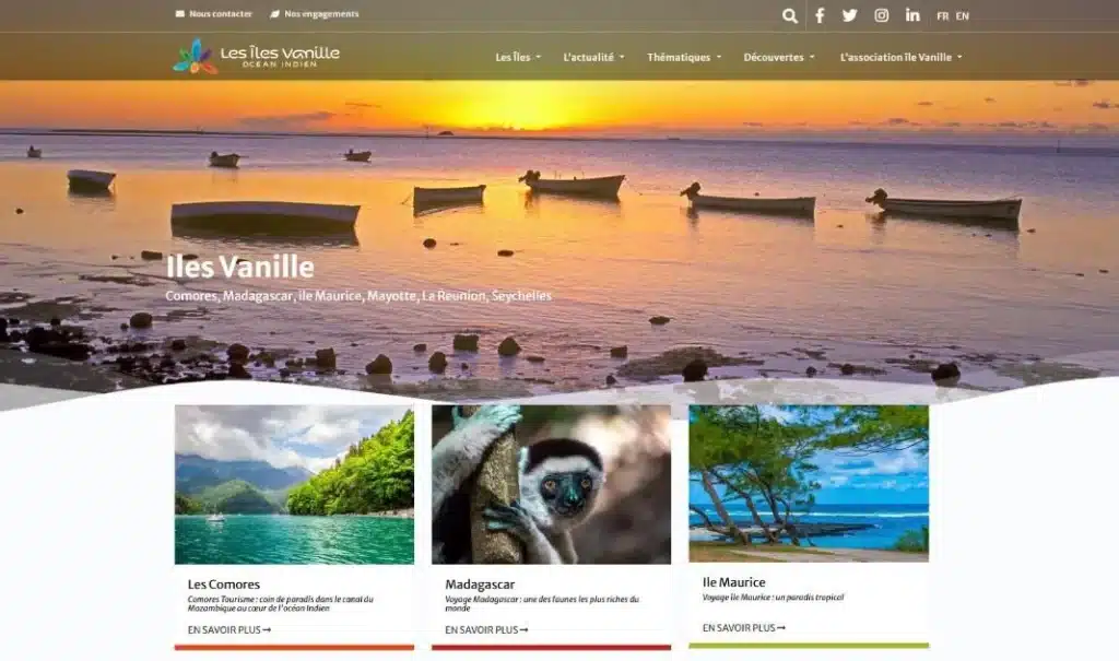 Page d'accueil du site Les Îles Vanille · Site internet, réalisé par Mooverflow