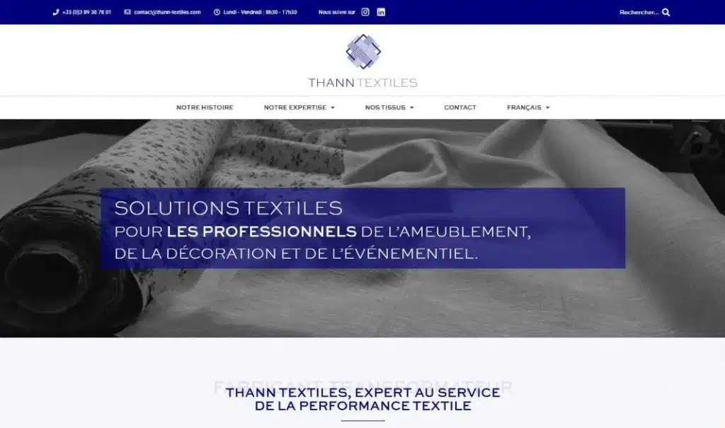 Page d'accueil du site Thann Textiles · Identité et site internet, réalisé par Mooverflow