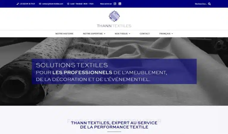 Page d'accueil du site Thann Textiles · Identité et site internet, réalisé par Mooverflow